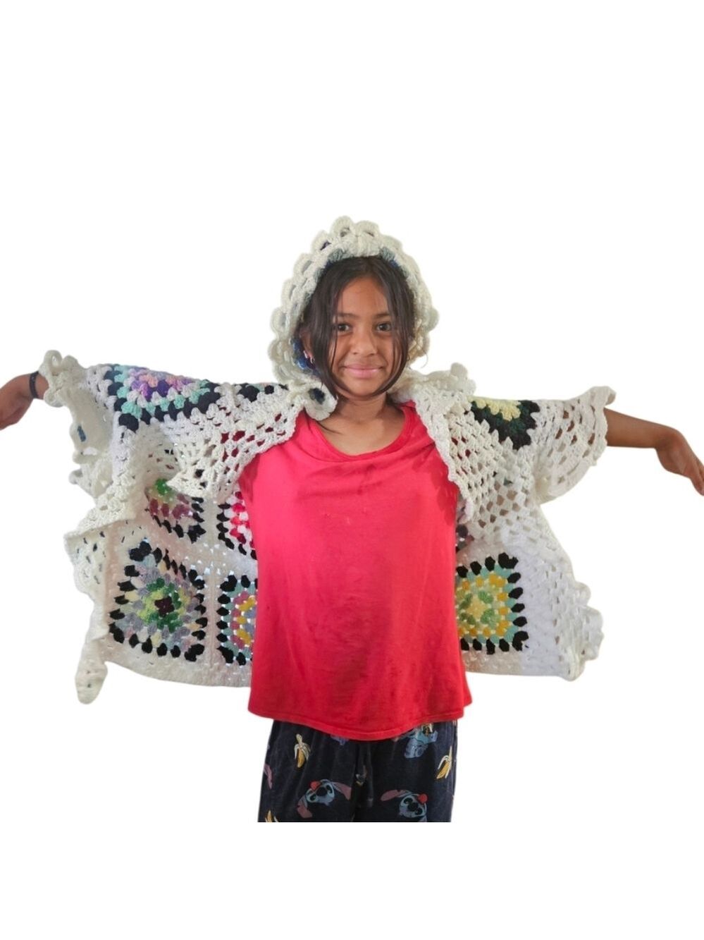 Hand Crafted Crochet Granny Square Cardigan open front Hooded Colorfull Sweater - Picture 17 of 17